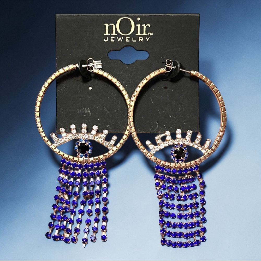 nOir Jewelry Clear And Blue Rhinestone Evil Eyes Gold Tone Hoop Earrings